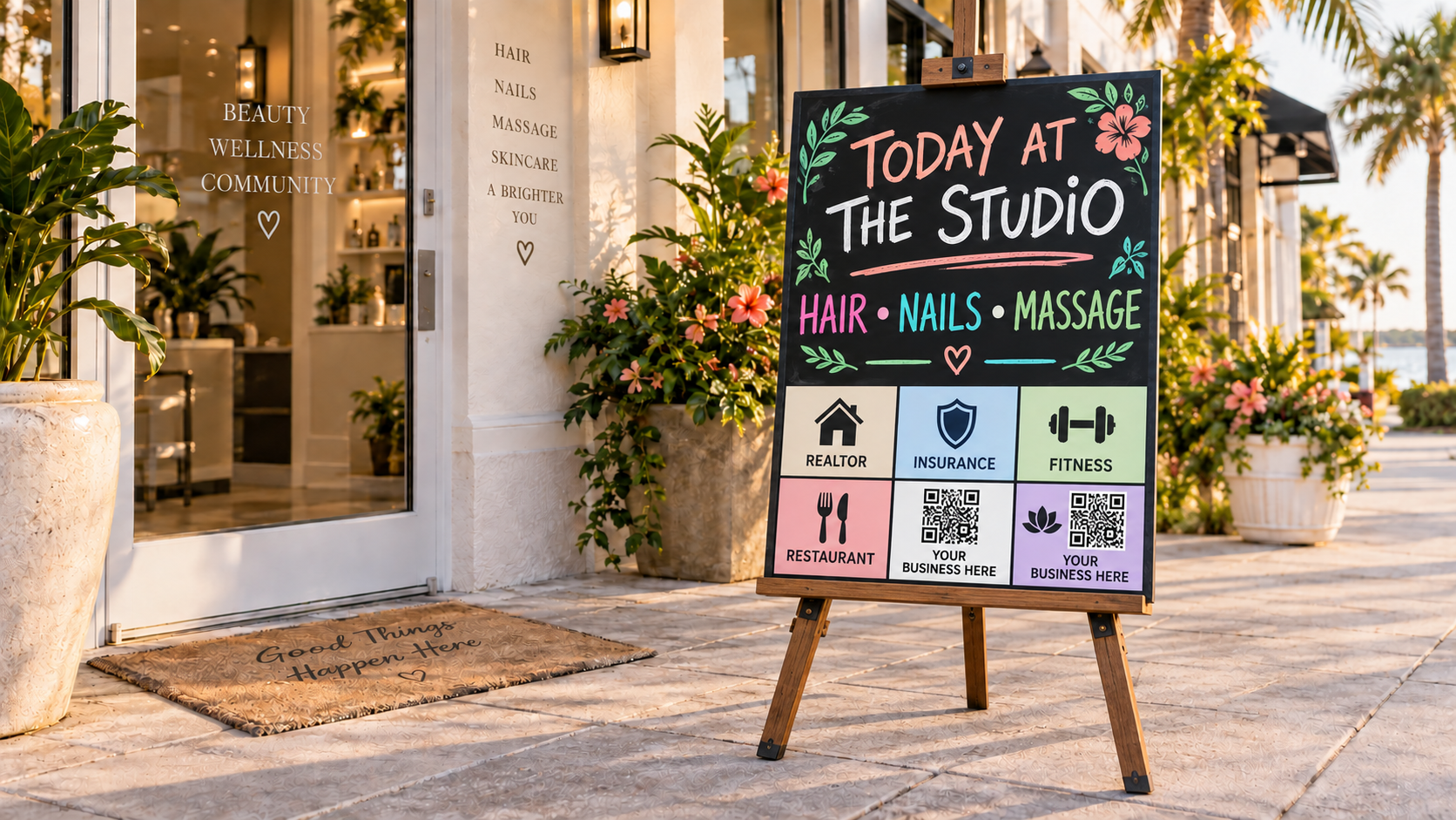 A one-sided Ad Board mounted on a painter's tripod easel outside a Florida hair, nail, and massage studio, with six local advertiser spaces and two QR-code openings marked Your Business Here